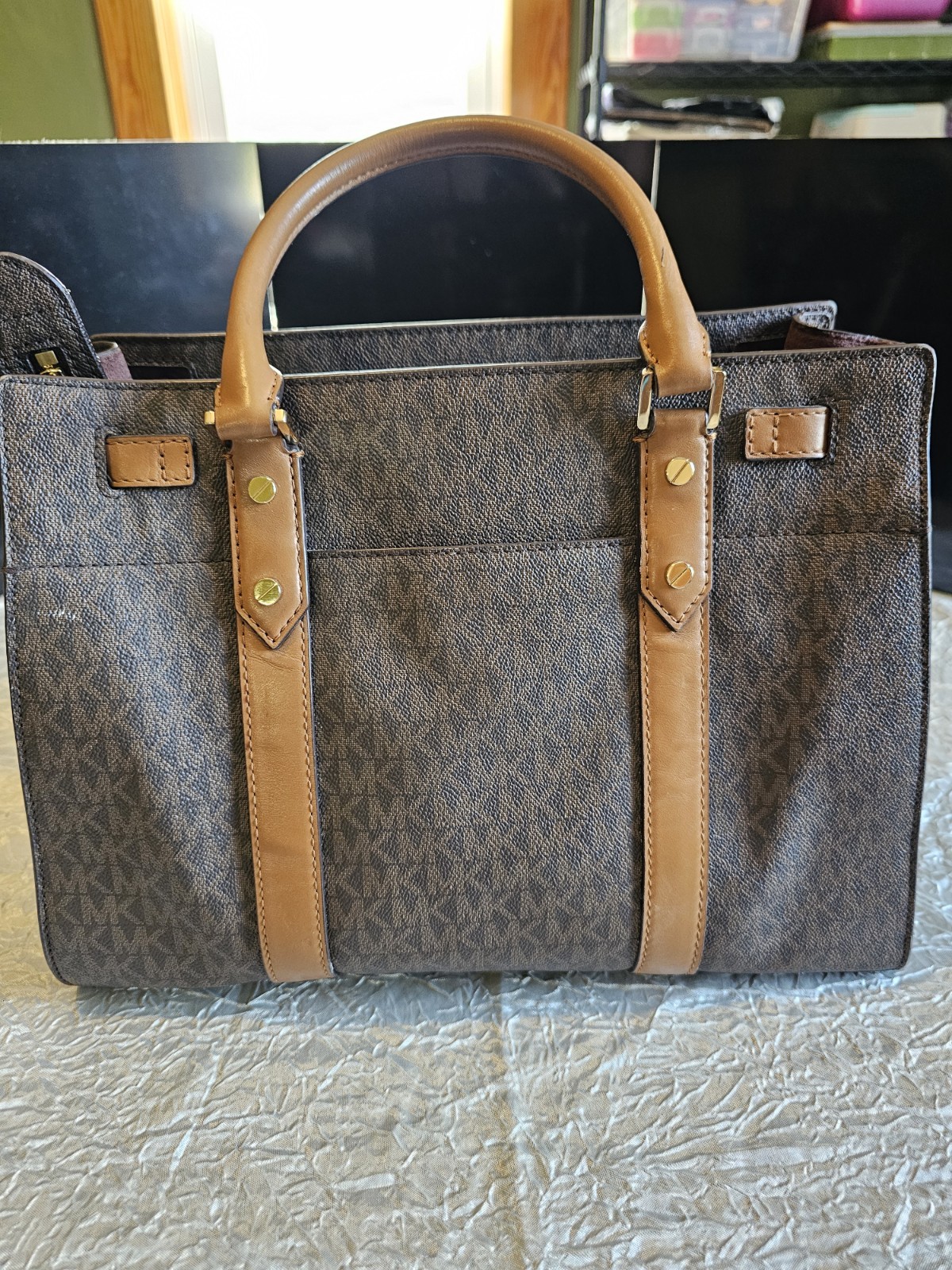 Michael Kors Hamilton Brown MK Logo Satchel Tote Crossbody Purse Bag