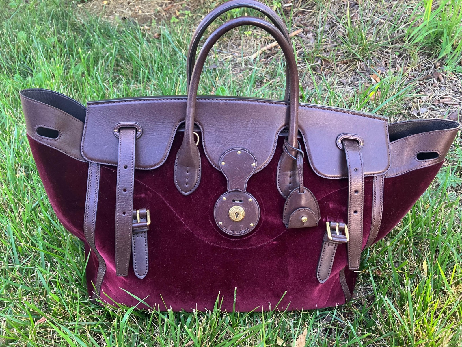 Ralph Lauren Burgundy/Brown Satchel Double Handle Push Lock Buckle Clochette