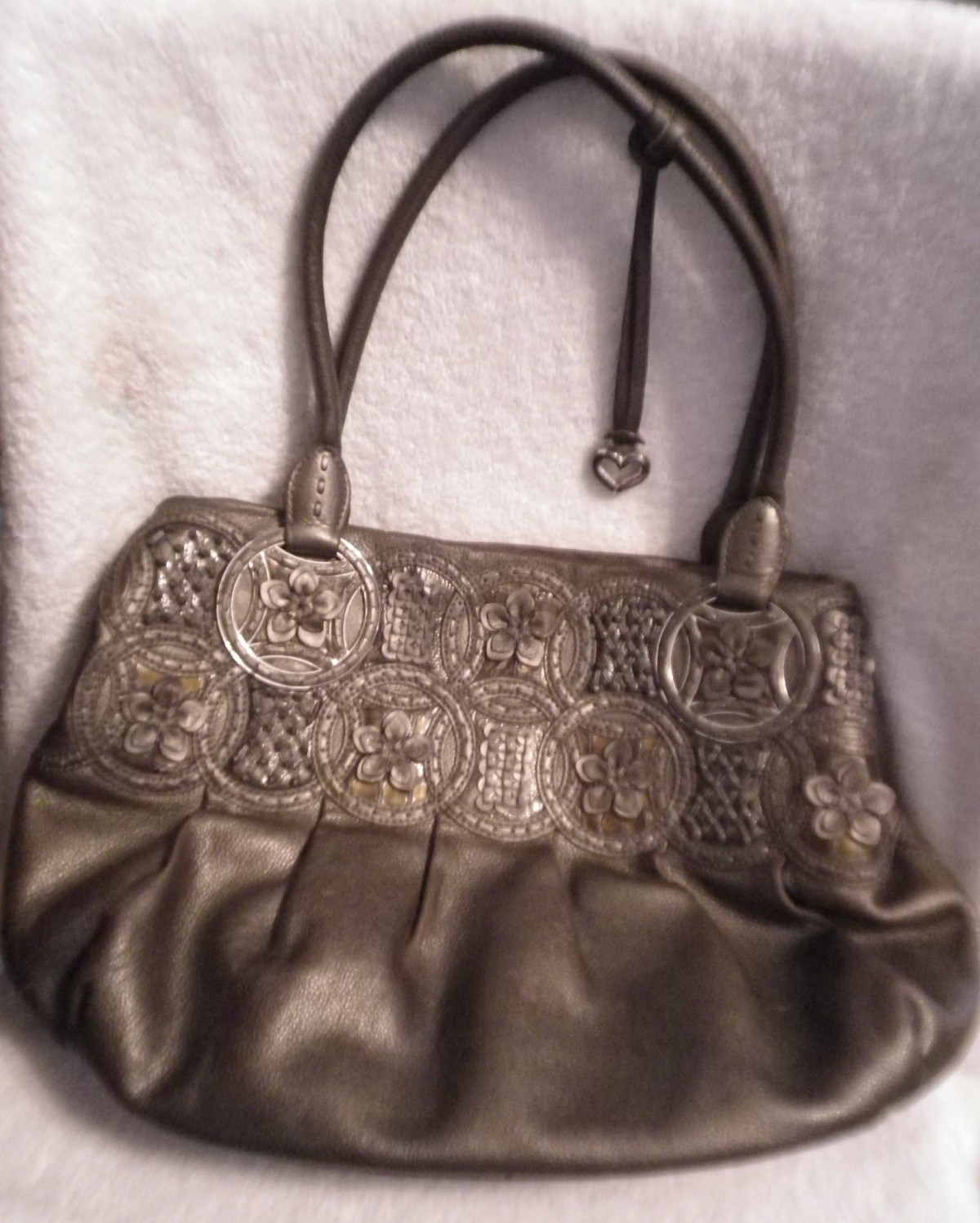 UNIQUE GOOD LUCK CHARM BRIGHTON SATCHEL TOTE HANDBAG BROWN COPPER SEQUINS LARGE