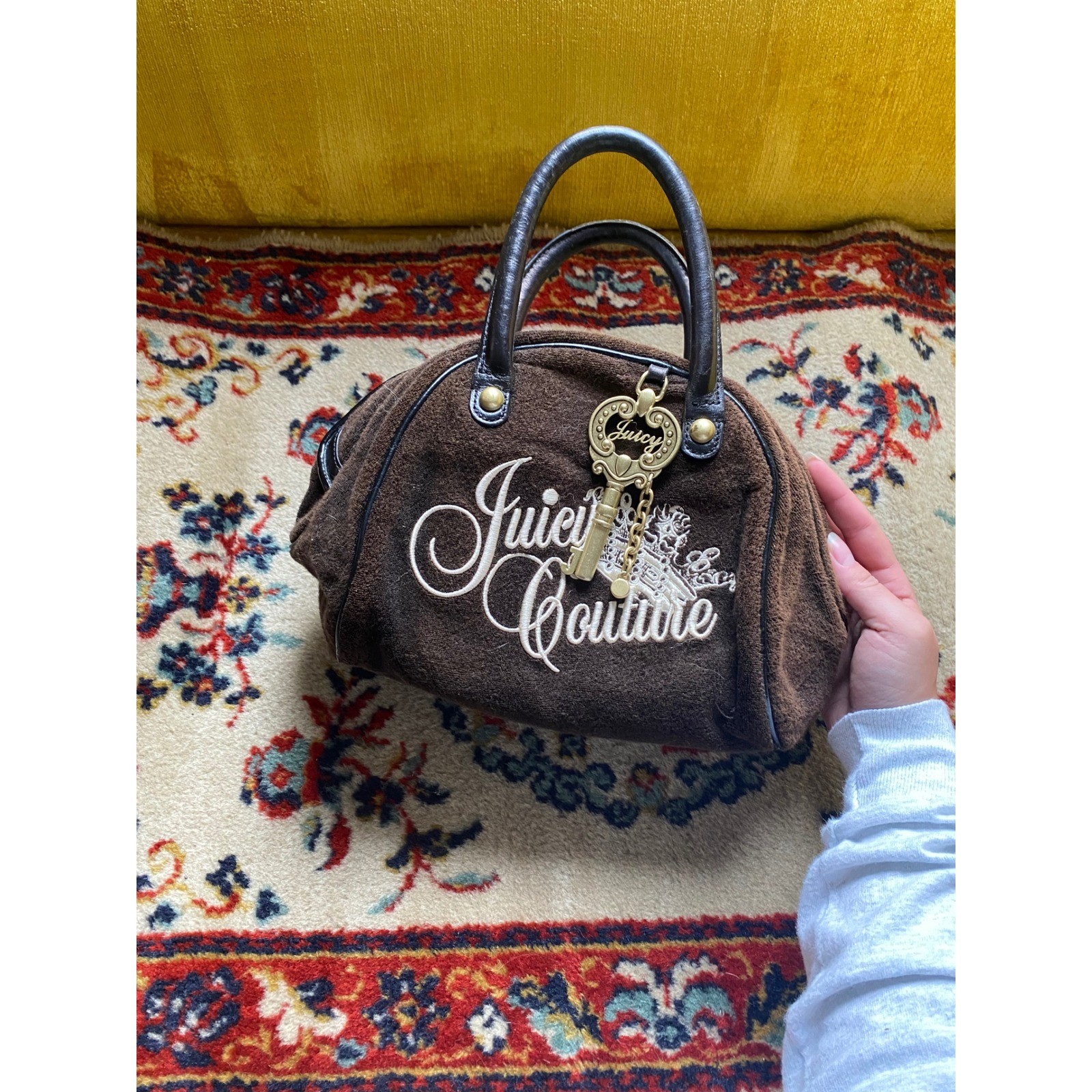 Vintage Juicy Couture Brown Velour Bowler Bag Y2K Gothic Logo Key Charm Handbag