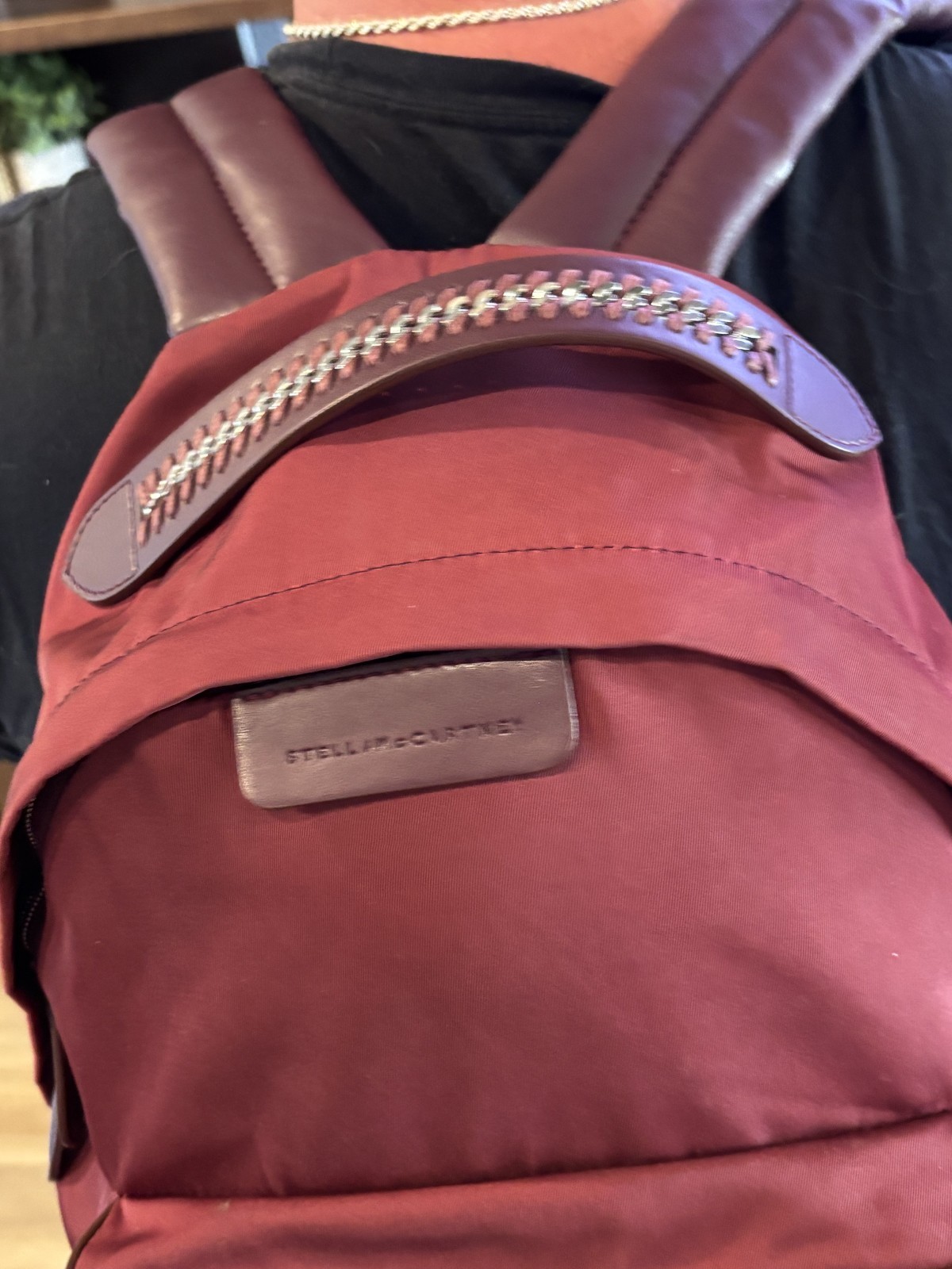STELLA MCCARTNEY Falabella Backpack Burgundy Nylon Chain Trim Designer Bag