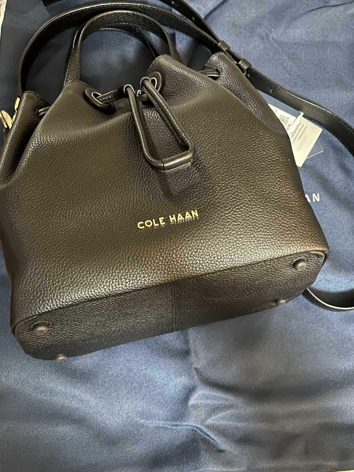 Cole Haan Grand Series Black Bucket Bag Drawstring Top Handle Gold Hardware