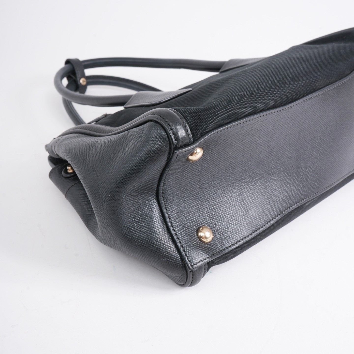 Prada Esplanade Black Canvas Saffiano Leather Front Pocket Tote Handbag