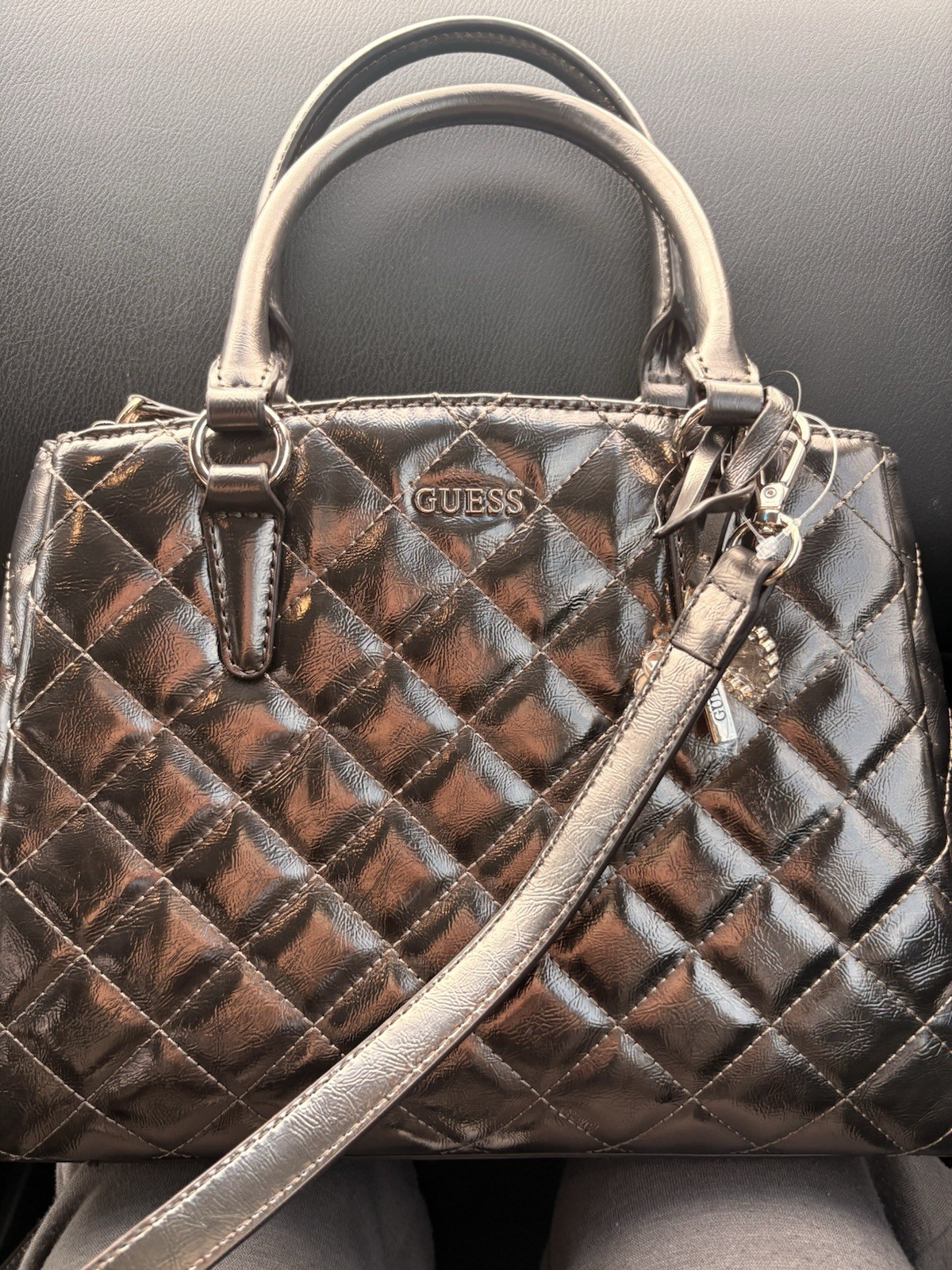 GUESS Black Quilted Medium Satchel Top Handle Bag Zip Gold Hardware Charm Strap