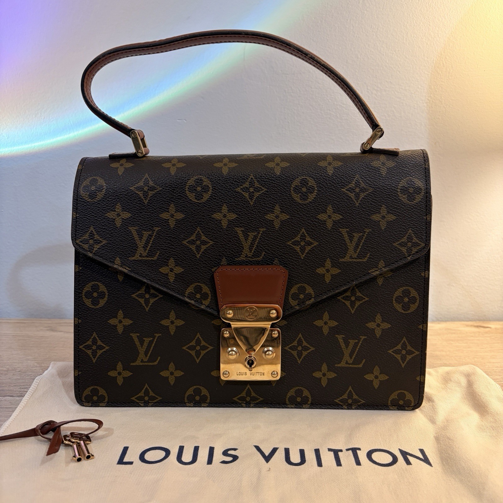 Louis Vuitton Concorde Monogram Top Handle Satchel Brown Push Lock Key Dust Bag