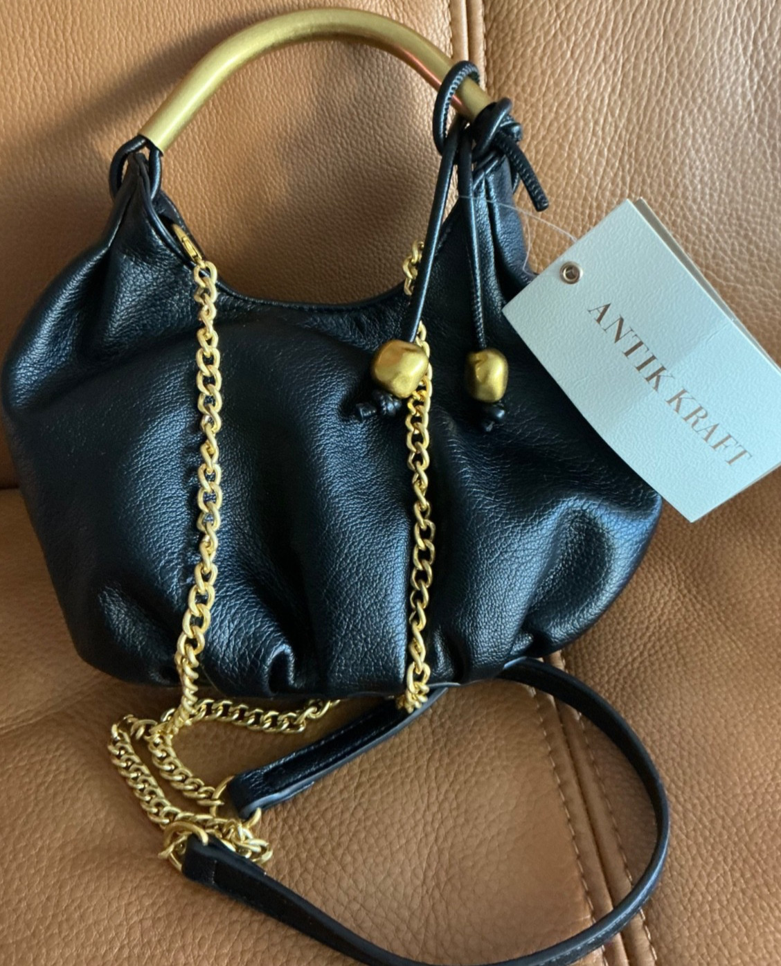 Antik Kraft black vegan leather antique gold tone handle chain bucket bag NWT