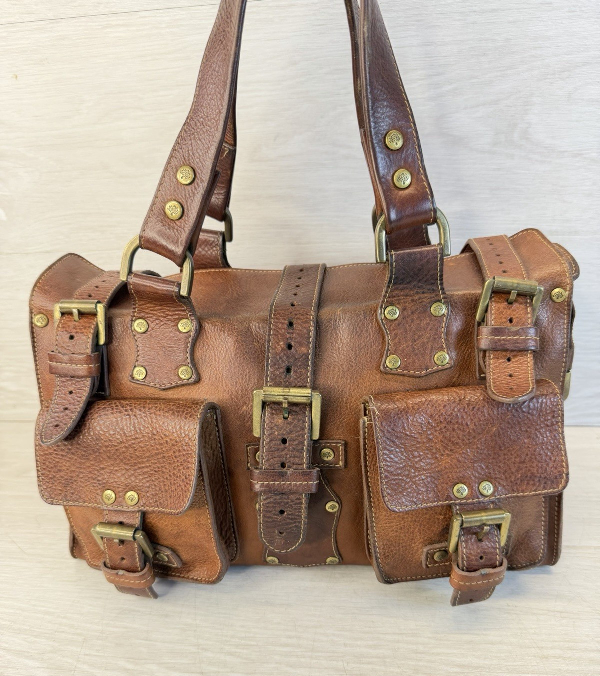 Y2K Original Mulberry Roxanne Satchel Front Belted Pockets Oak Darwin Leather