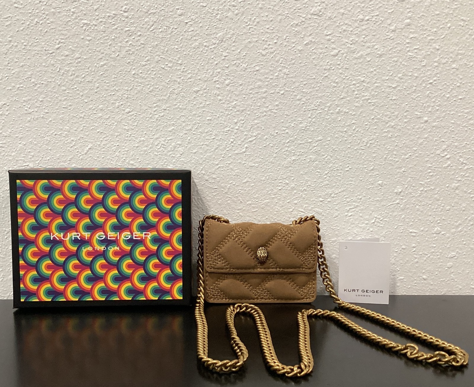 Kurt Geiger MICRO TINY Tan 4.25″ x 3″ x 1″ Woven Synthetic Crossbody New Boxed