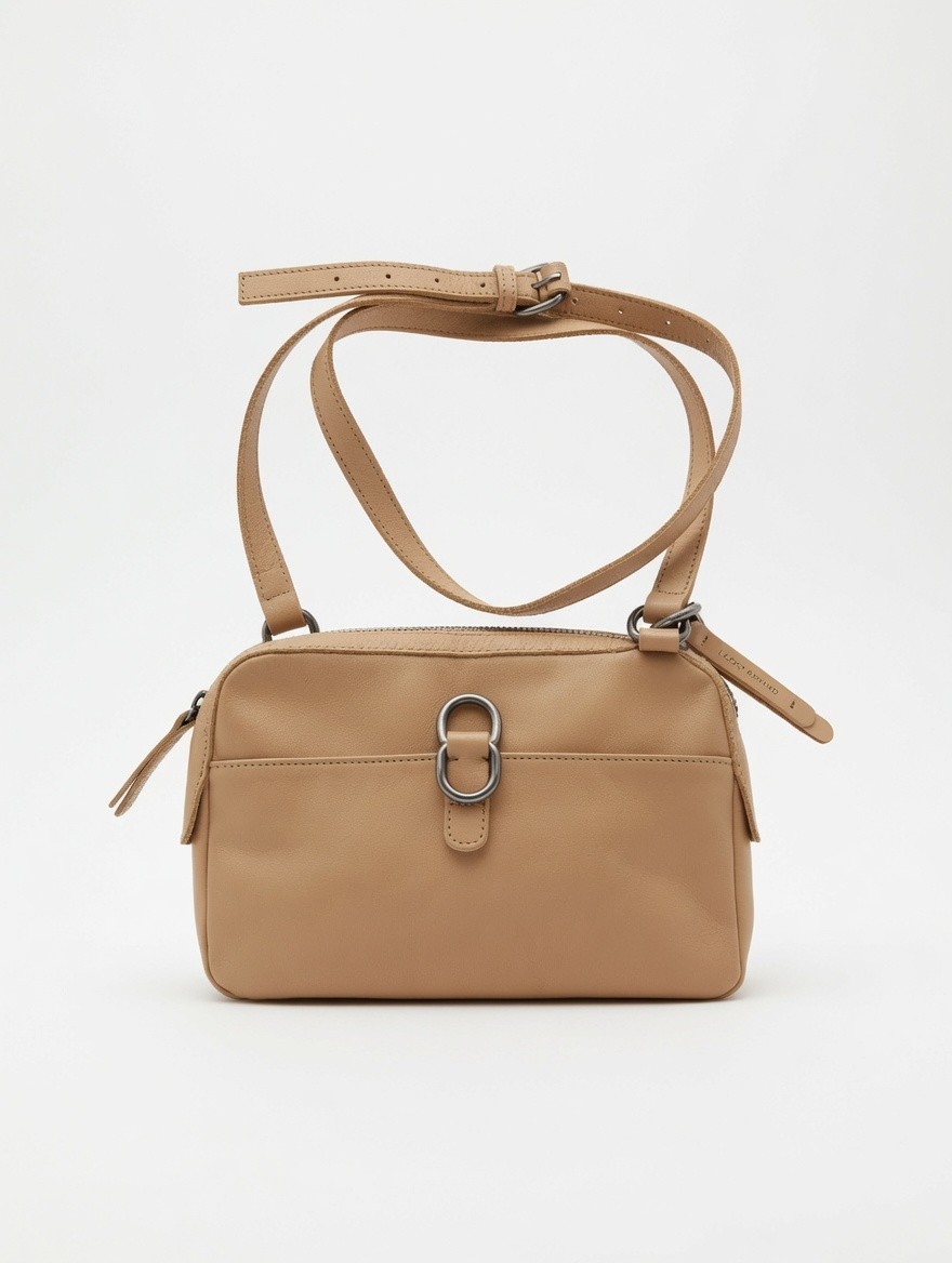 Lucky Brand Leather Crossbody Purse Bag Tan Nude Adjustable Shoulder Strap Metal