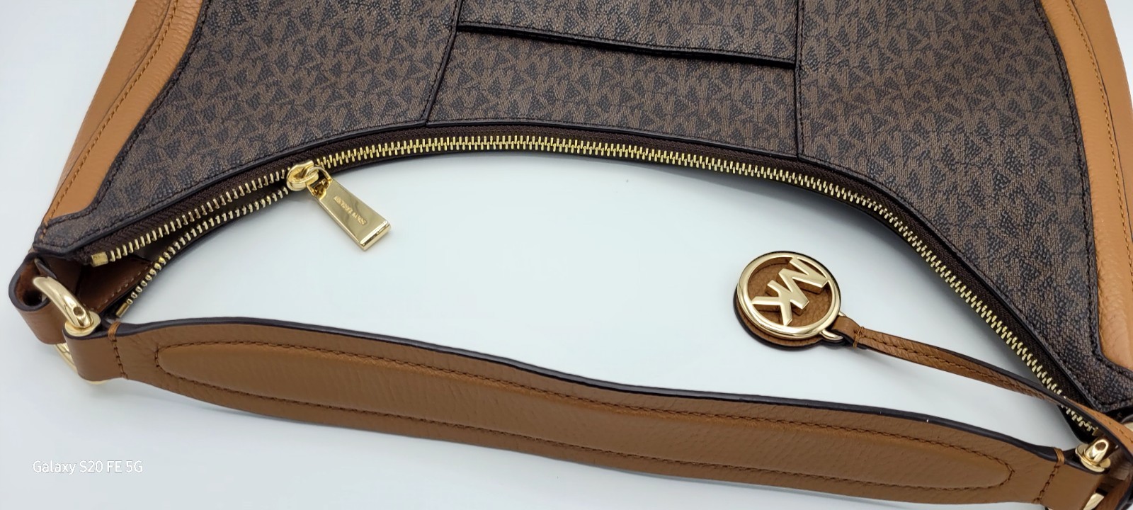 Michael Kors Signature Crescent Hobo Shoulder Bag Brown Luggage Gold Hardware