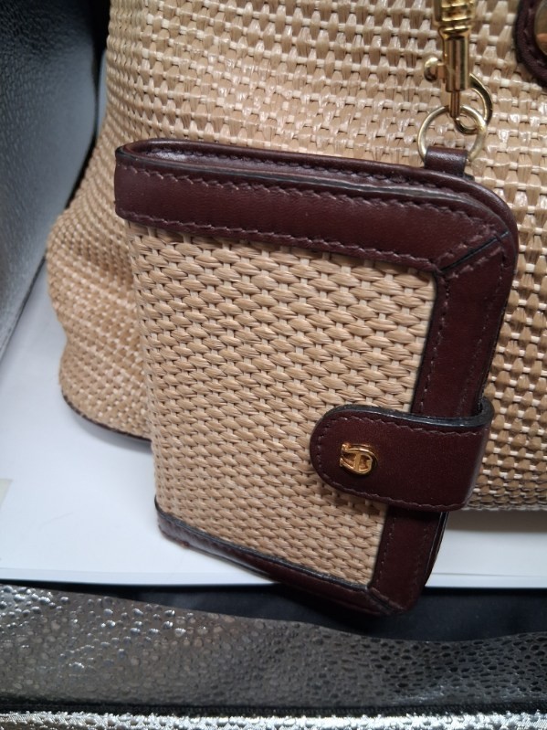 etienne aigner leather and straw shoulder handbag