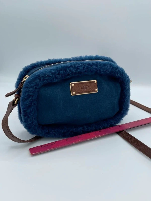 UGG Navy Blue Suede Shearling Crossbody Bag Brown Leather Gold Hardware