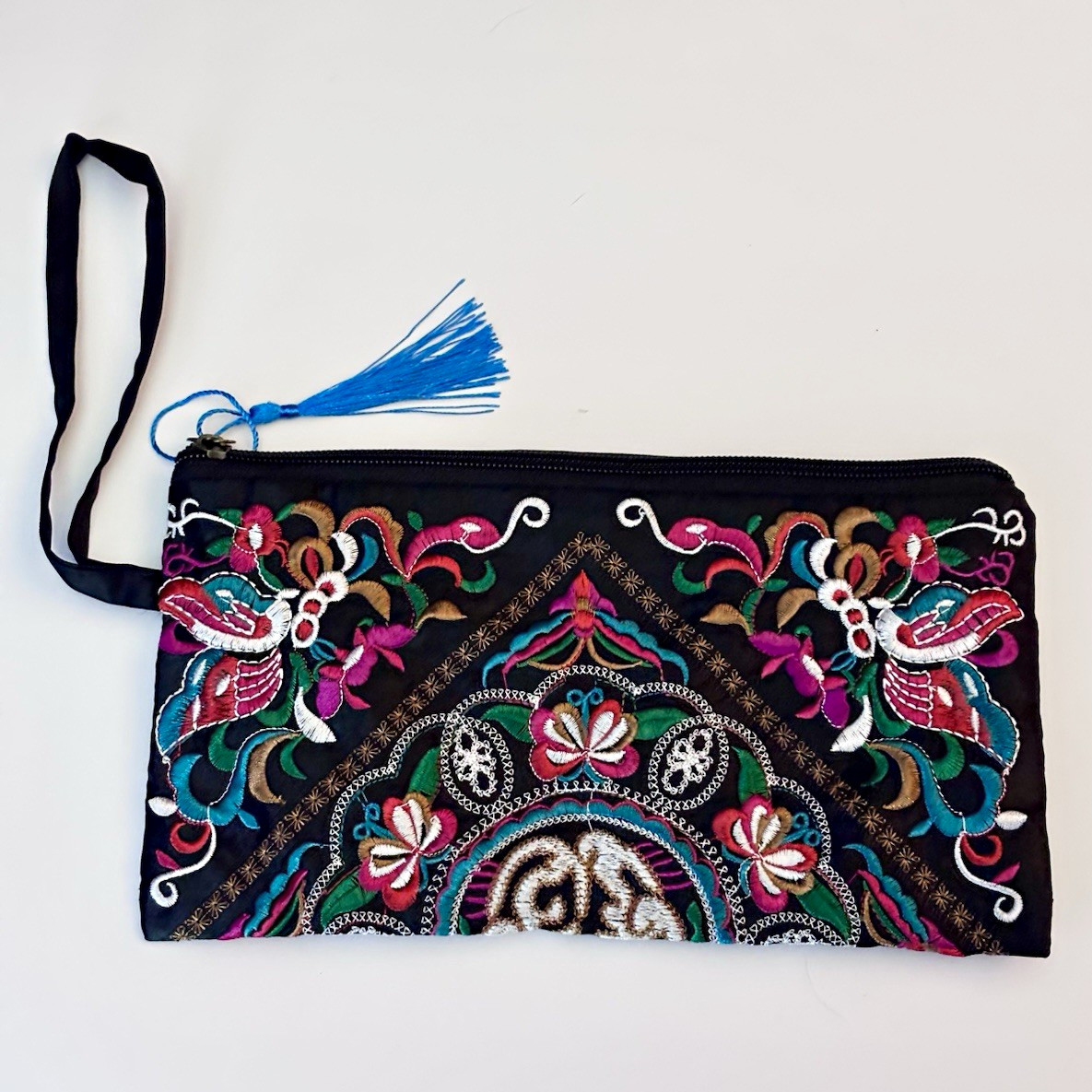 Embroidered Floral Zip Clutch Wristlet Pouch w/ Wrist Strap & Tassel