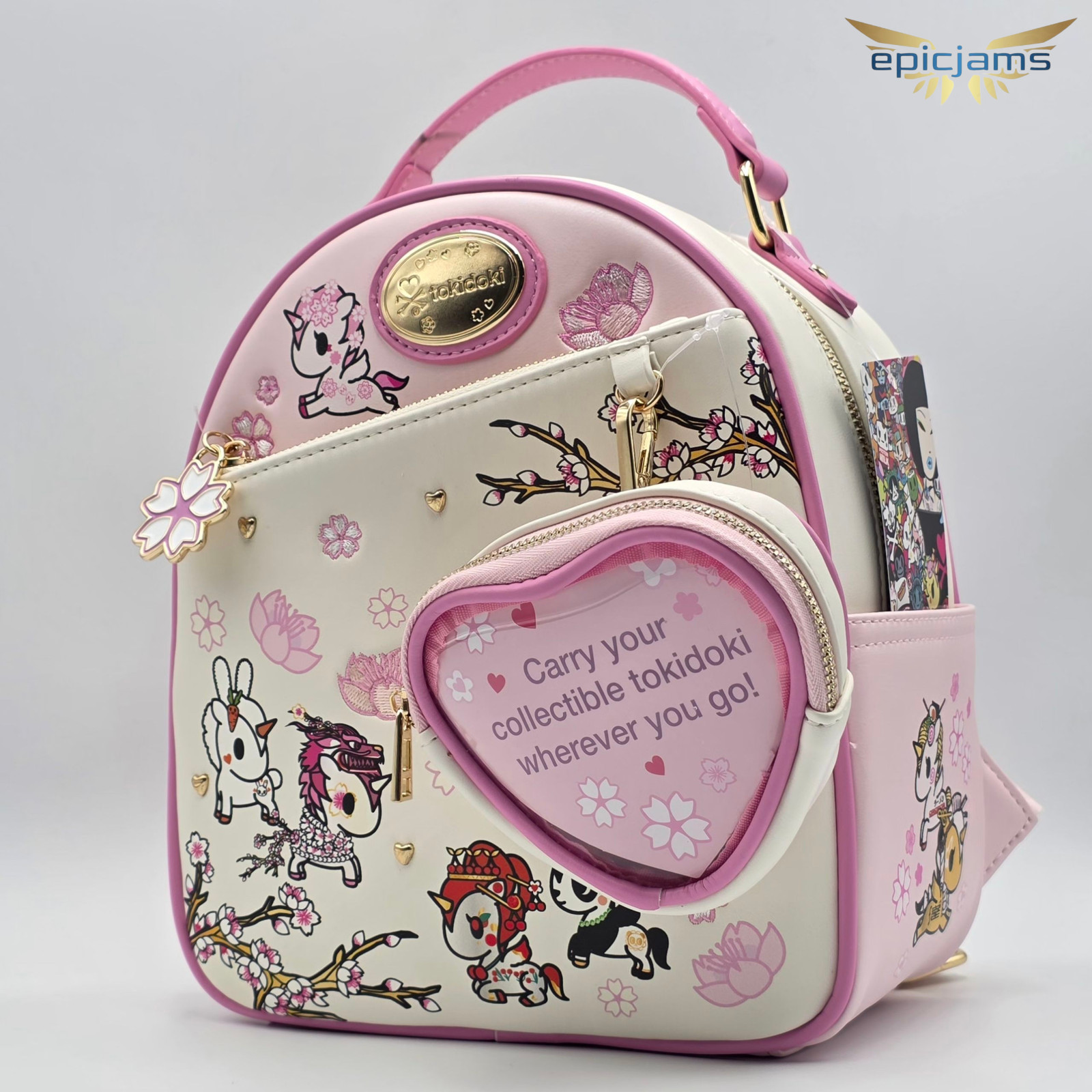 Tokidoki Unicorno Cherry Blossom Pink Mini Backpack Bag & Clear Pouch Keychain