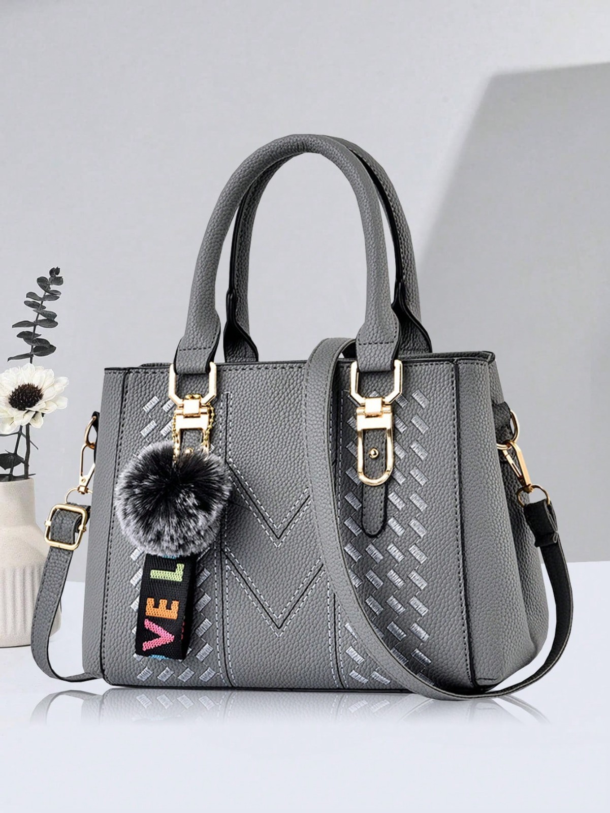 Women’s Shoulder Bag with Pom Pom Pendant | Casual Everyday Handbag