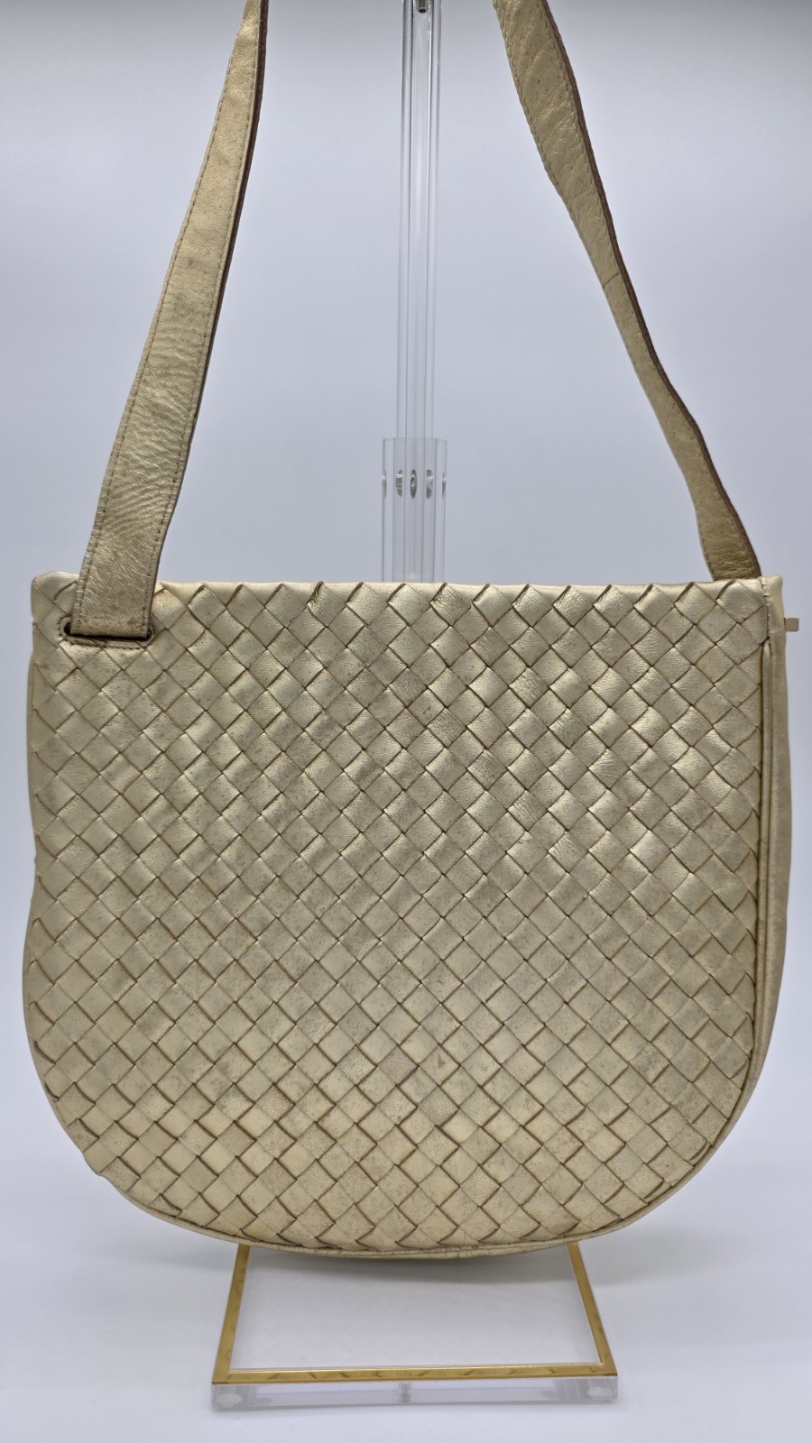 [VINTAGE] Bottega Veneta Metallic Gold Woven Crescent Shoulder Bag w/ COA