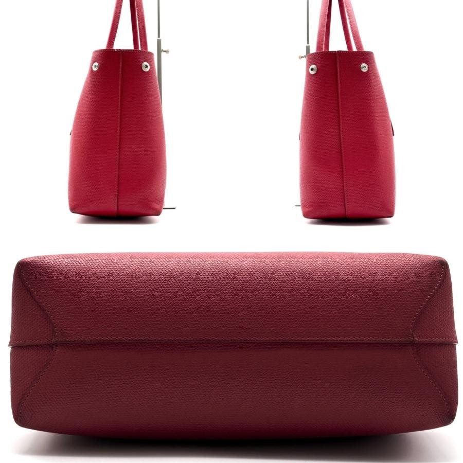 Longchamp Roseau Red Leather Tote Bag A4 Self Standing Silver Toggle Auth