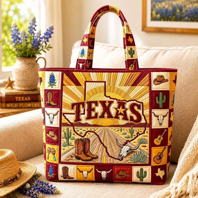 Personalized Texas Pride Quilted Tote Bag, Custom Name Western Cowgirl Tote, Cou