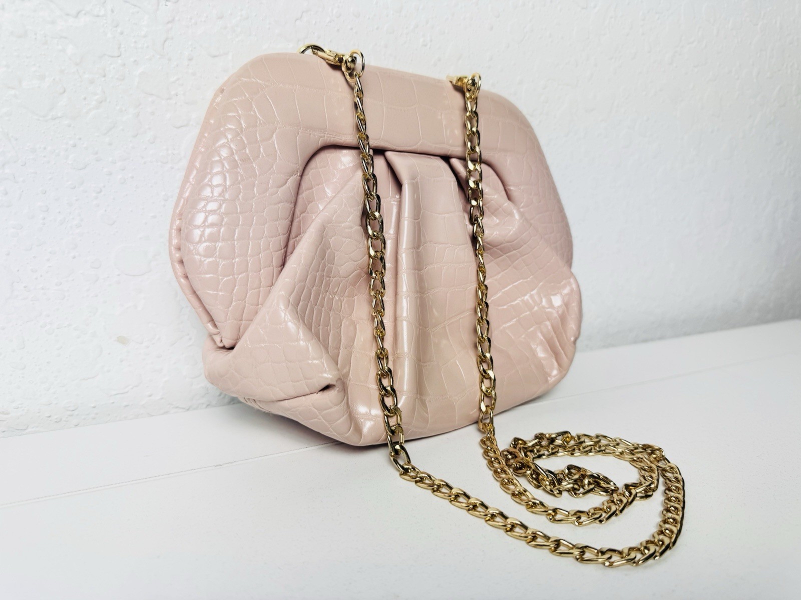 TheMoire Mini Gea Pink Faux Snakeskin Crocodile Effect Bag Gold Chain Clutch
