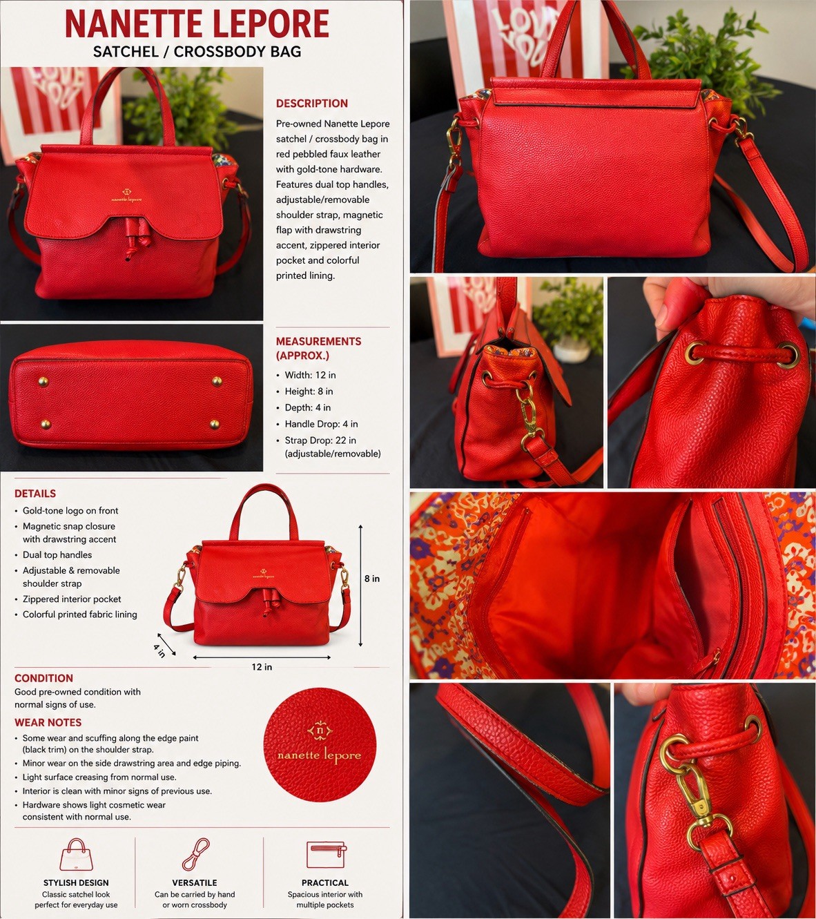 Nanette Lepore Red Pebbled Satchel Top Handle Bag Gold Hardware Det Strap
