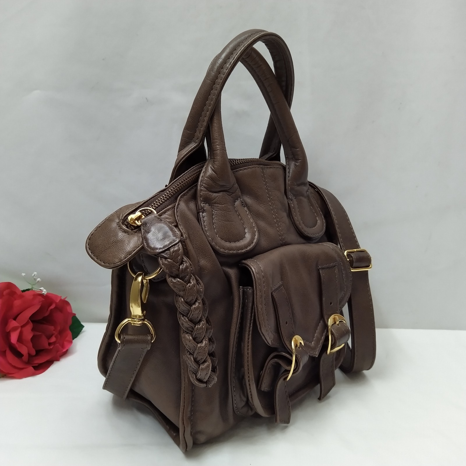 Bulga Brown Leather Buckle Pockets Double Handles Zipper Satchel Bag – $275