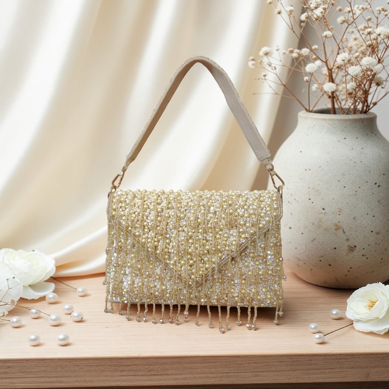 Pearl Beaded Evening Clutch Gold Toned Envelope Handbag Wedding Party Hobo Purse
