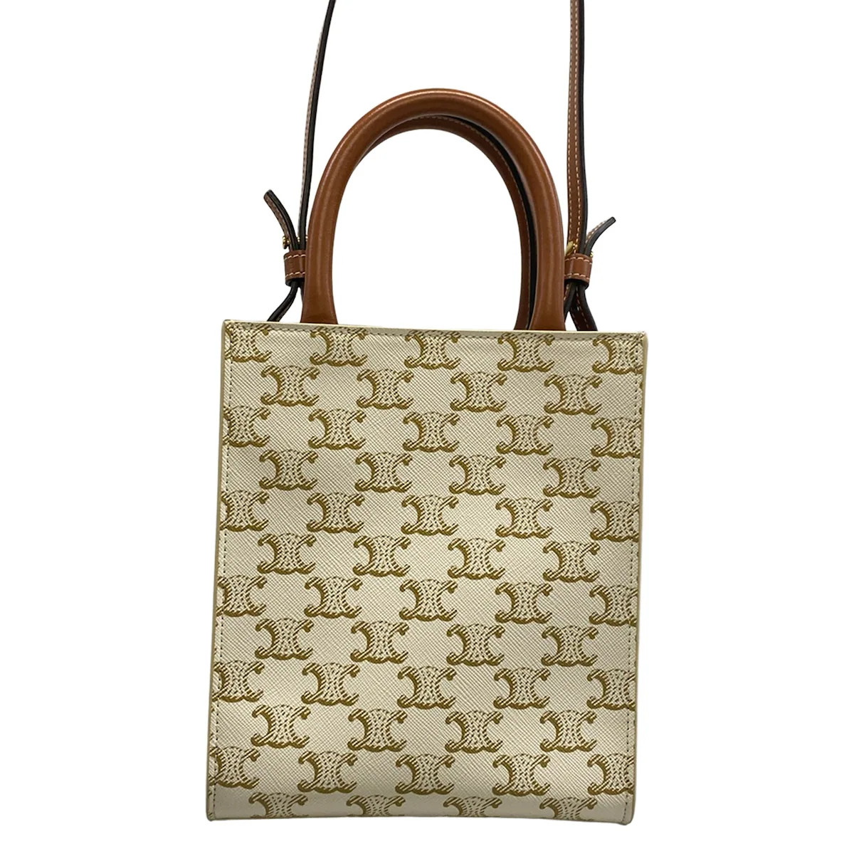 Celine Mini Vertical Cabas Tote Bag Cream Brown Triomphe Canvas Calf Skin