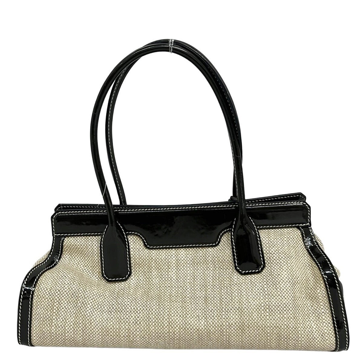 TODS Ivory Beige Black Canvas Leather Handbag Double Handles Charm 29.5cm