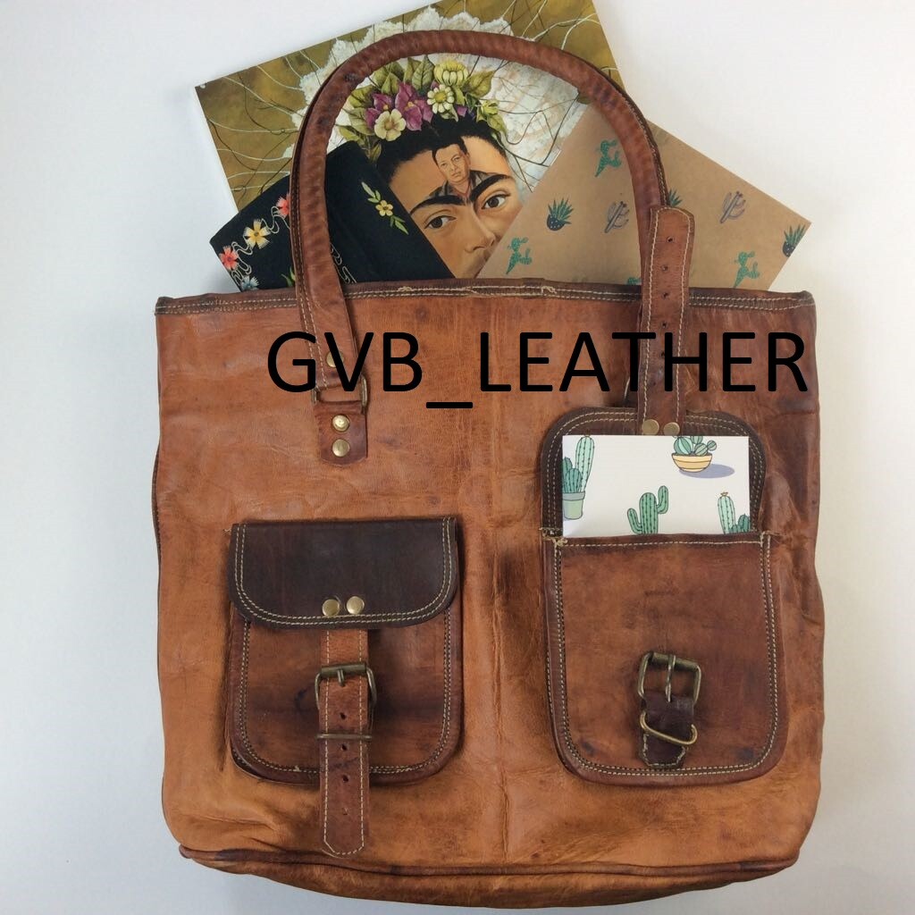 16″ Women Vintage Huge Genuine Brown Leather Tote Shoulder Bag Handmade Purse