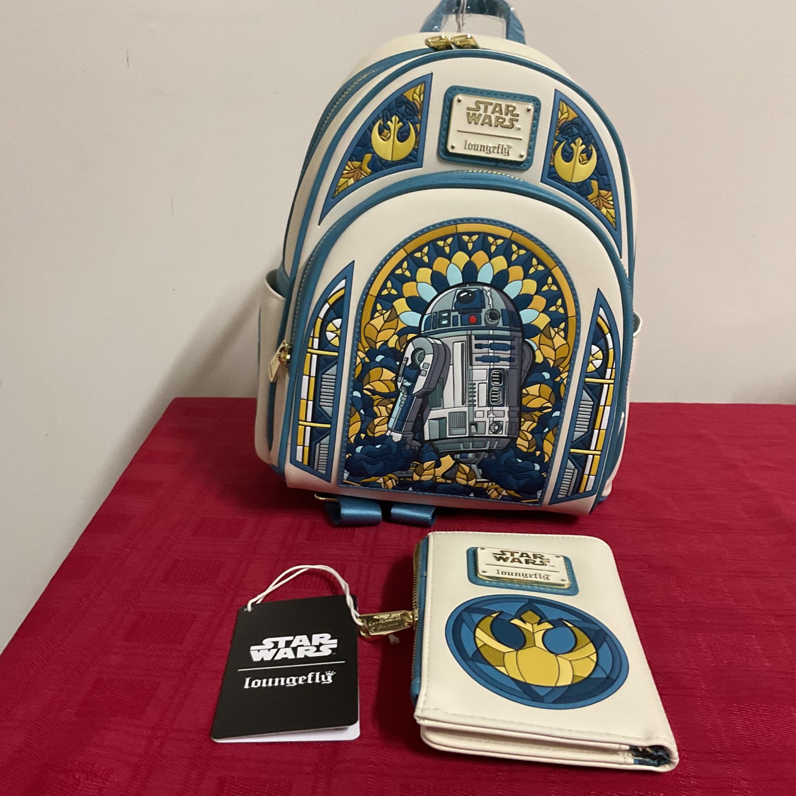 LOUNGEFLY STAR WARS R2-D2 STAINED GLASS PORTRAIT MINI BACKPACK & WALLET NWT!!!