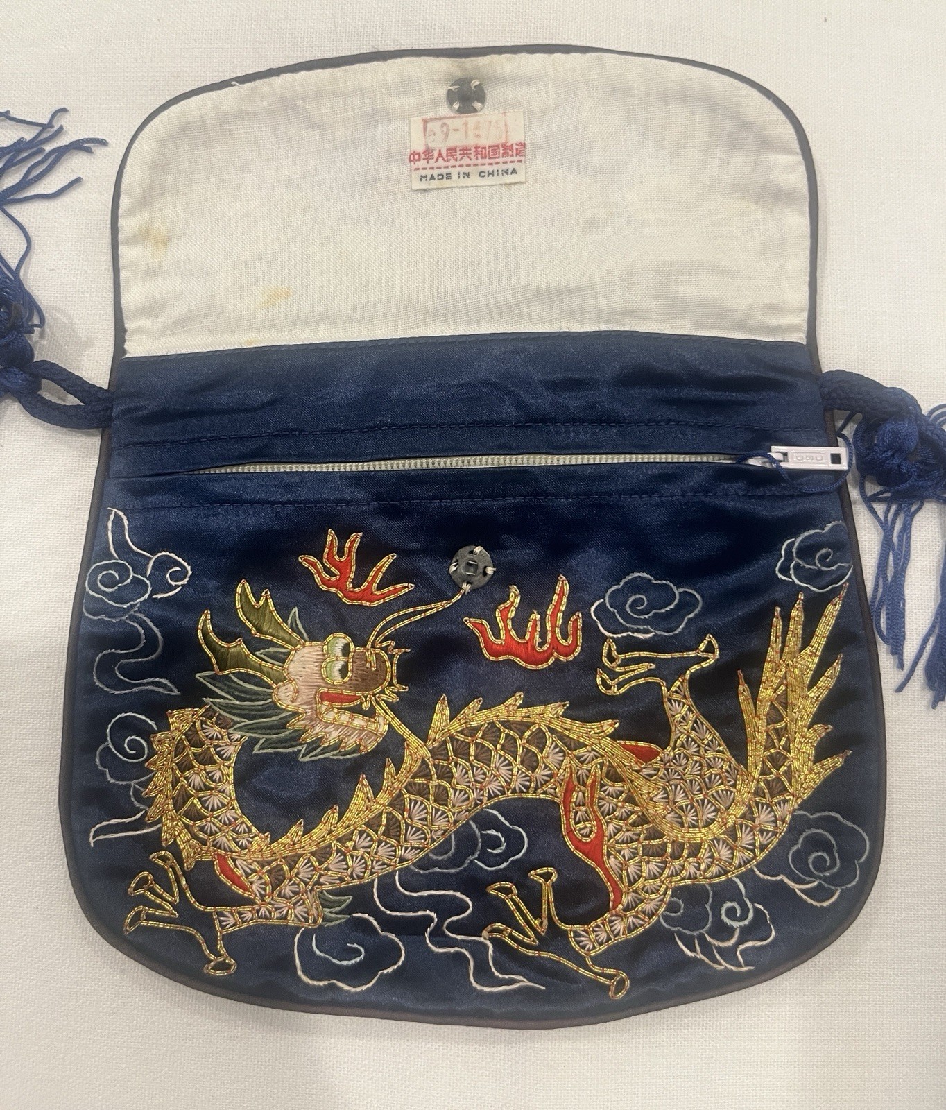Vintage Chinese Asian Style Blue Silk Dragon Embroidered Mini Crossbody Purse