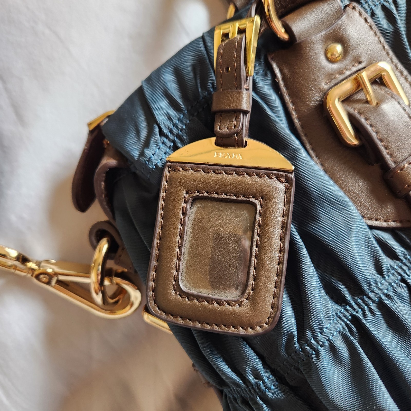 Prada Tessuto Gaufre Satchel Bag Blue Nylon Leather Gold Hardware Excellent Cond