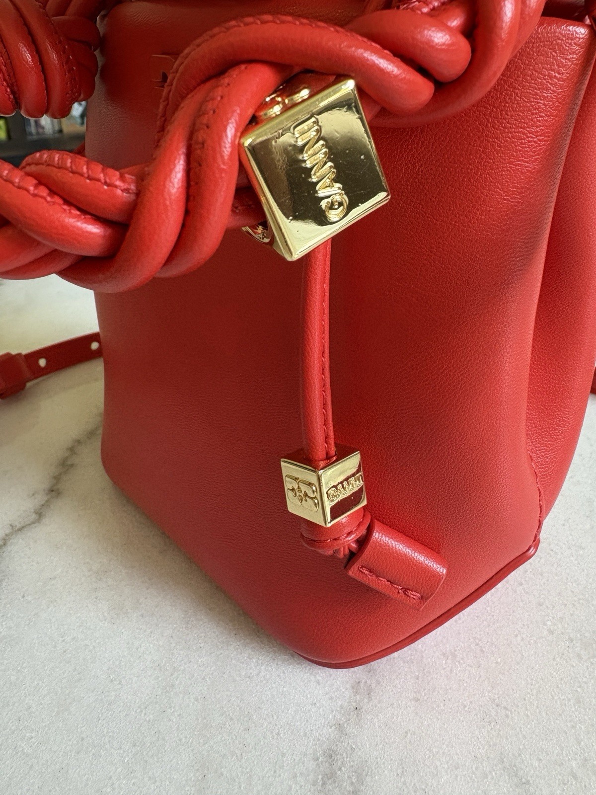 GANNI Red Mini Bucket Drawstring Bag Braided Top Handle Gold Hardware Gingham