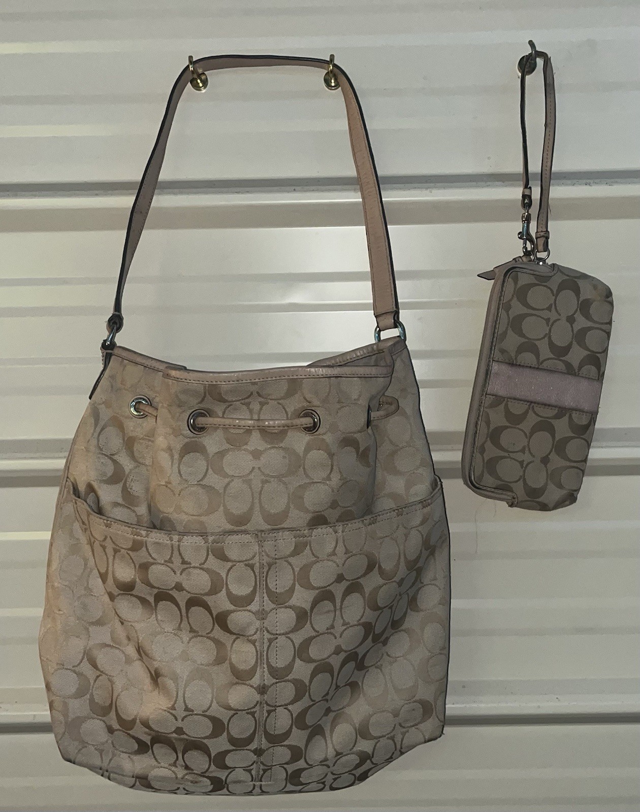 Coach Beige Pink Monogram Bucket Shoulder Bag Drawstring, Zip Wristlet, Gold