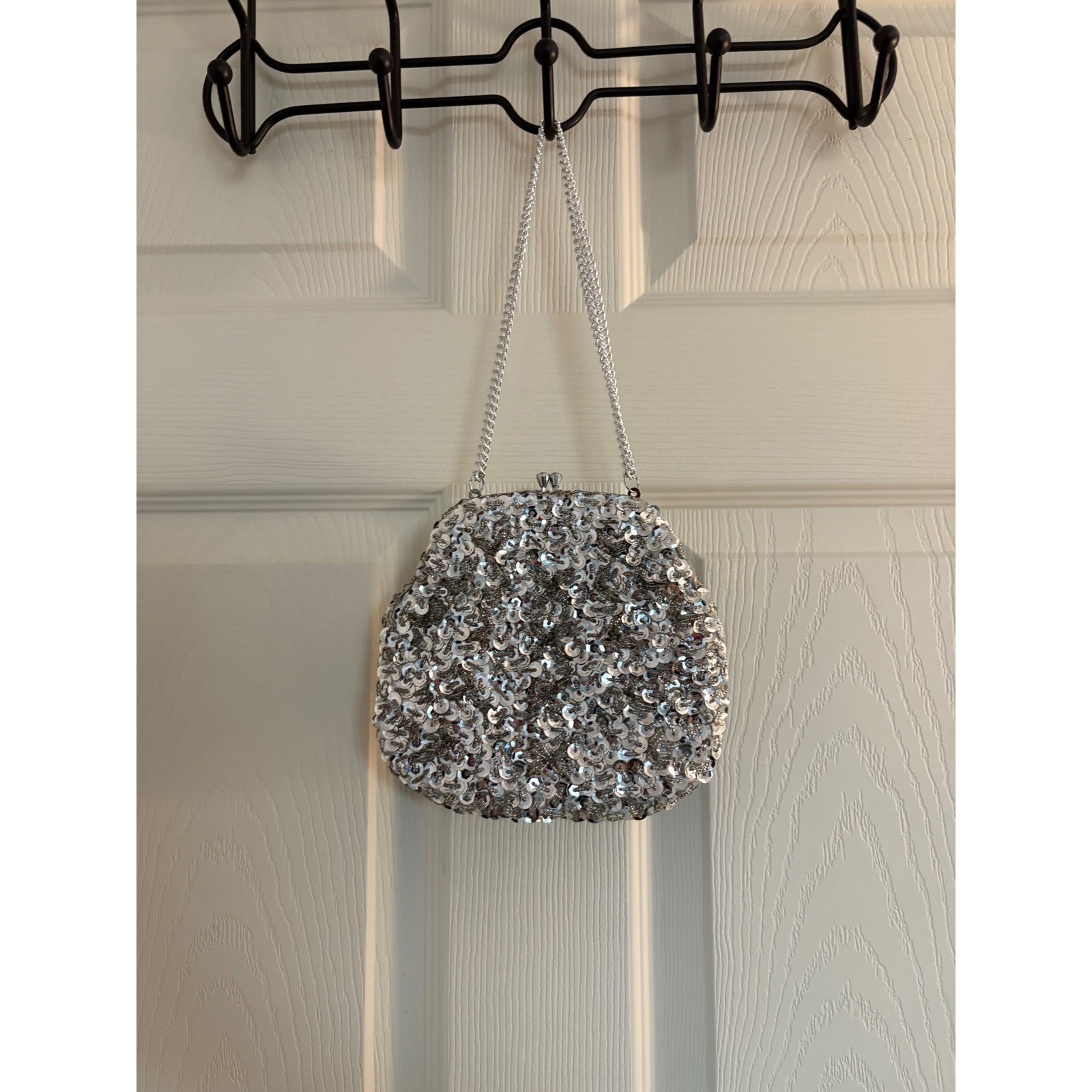 Silver Sequin Evening Bag Kiss Lock Clutch Prom Formal Chain Strap Handbag