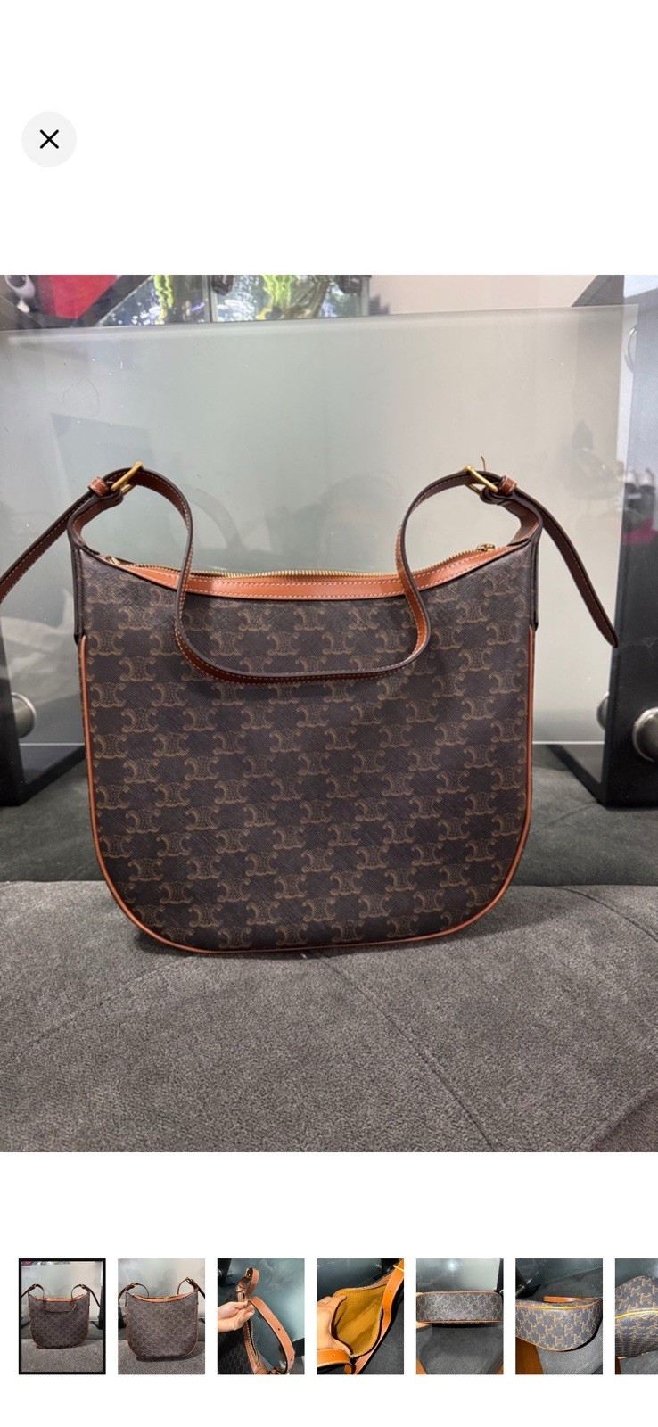 Celine Brown Monogram Shoulder Bag Zip Top Adjustable Strap Gold Hardware Tan