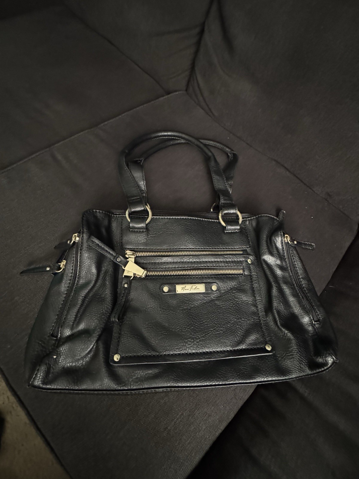 Marc Fisher Black Solid Satchel, Zip/Magnetic, Detachable Strap, Gold
