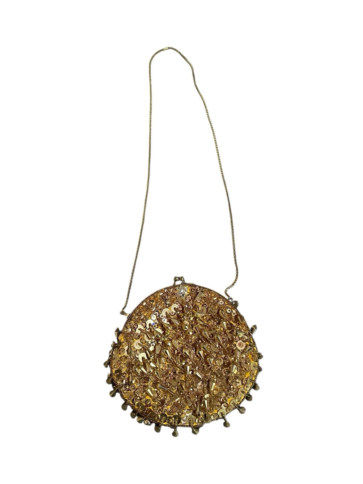 NEW vintage round clutch cross body purse bag gold chain strap 6 inches GOLD