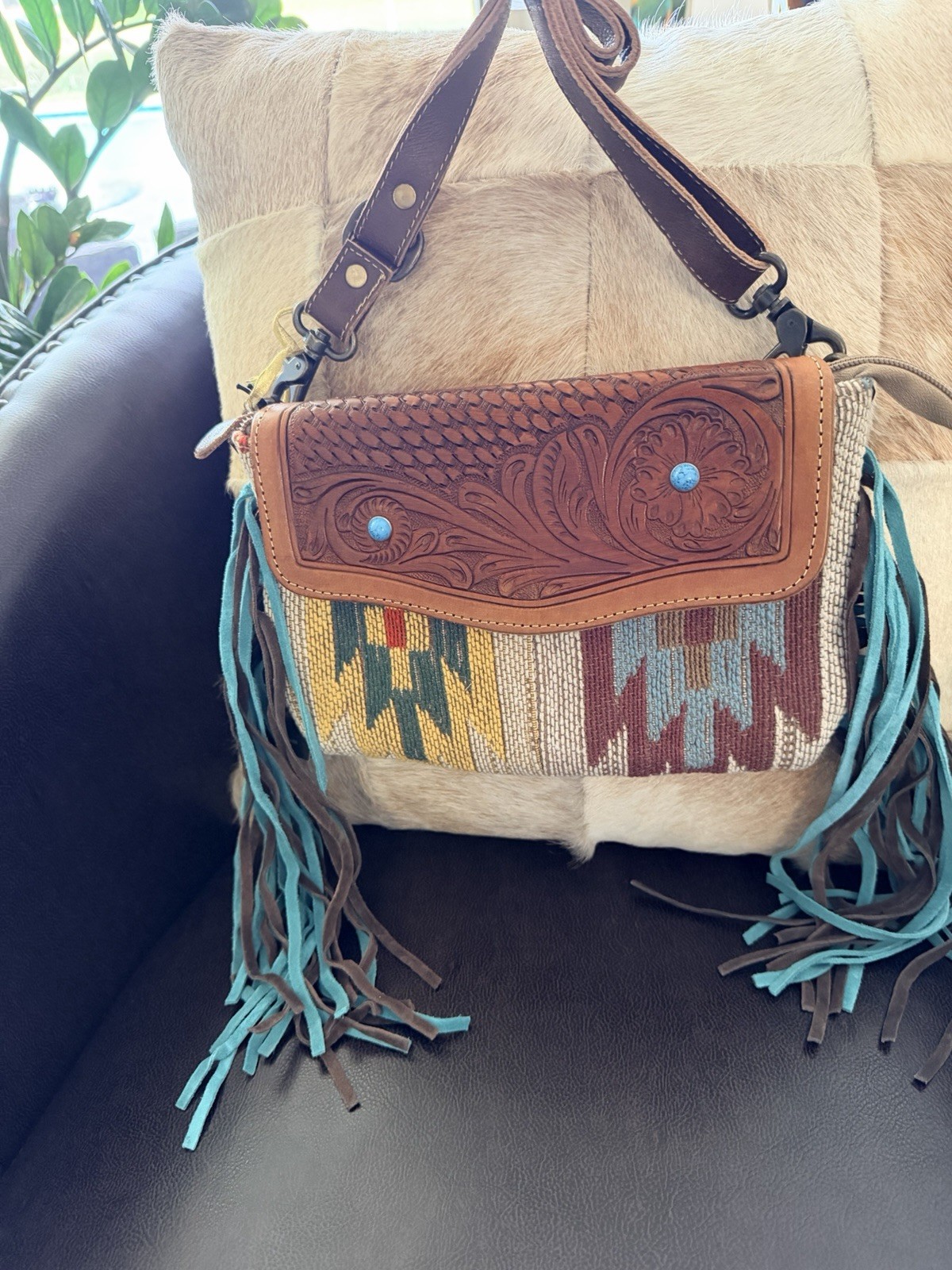 Lilo Hand-Tooled Bag With Fringe by Myra Bag