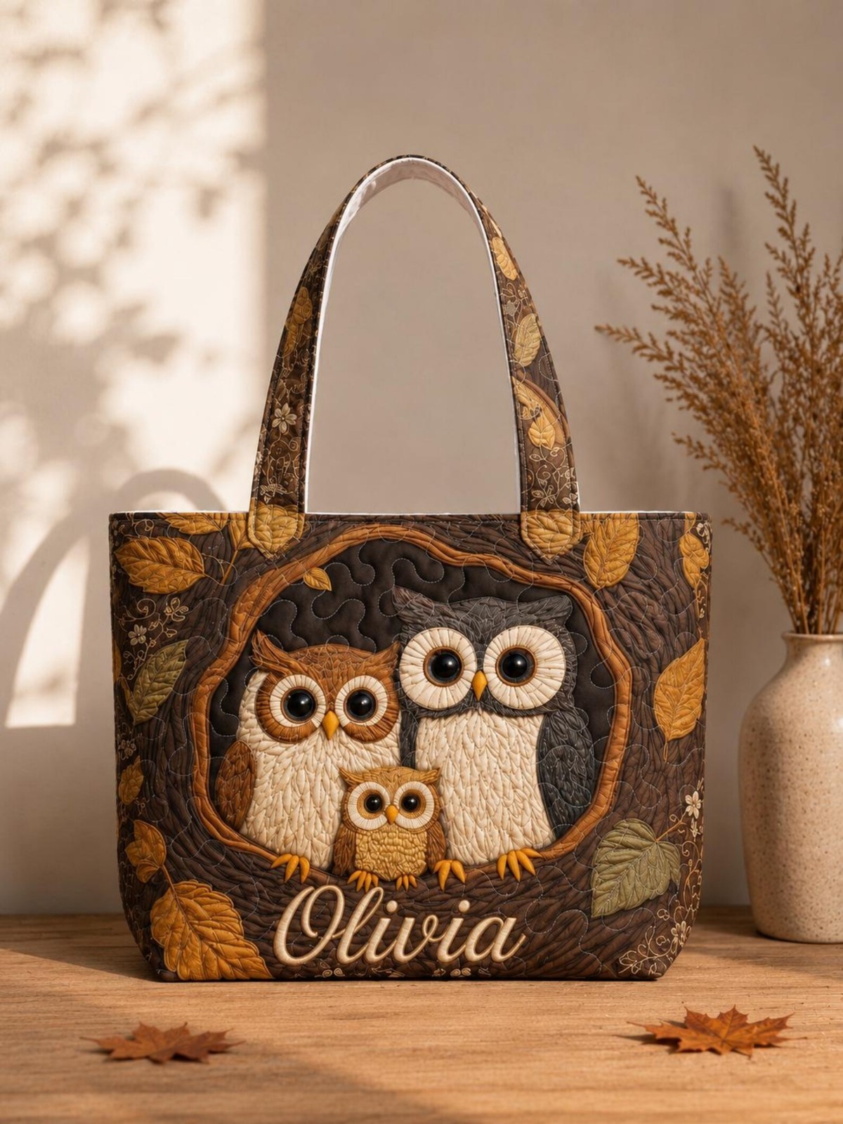 Personalized Owl Quilted Tote Bag, Colorful Owl Quilt Purse, Owl Lover Gift for
