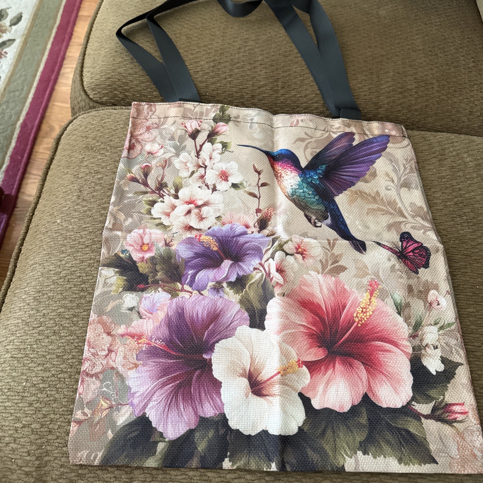 Vibrant 2D Print On This Hummingbird And Hibiscus Floral Pattern Tote Bag