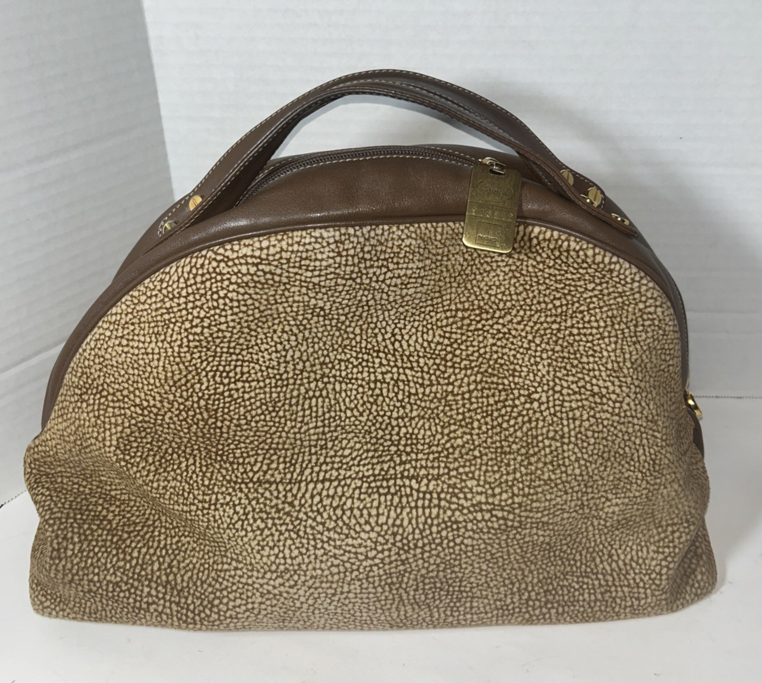 Borbonese Redwall Brown Tan Suede Leather Double Top Handle Bag Made In Italy