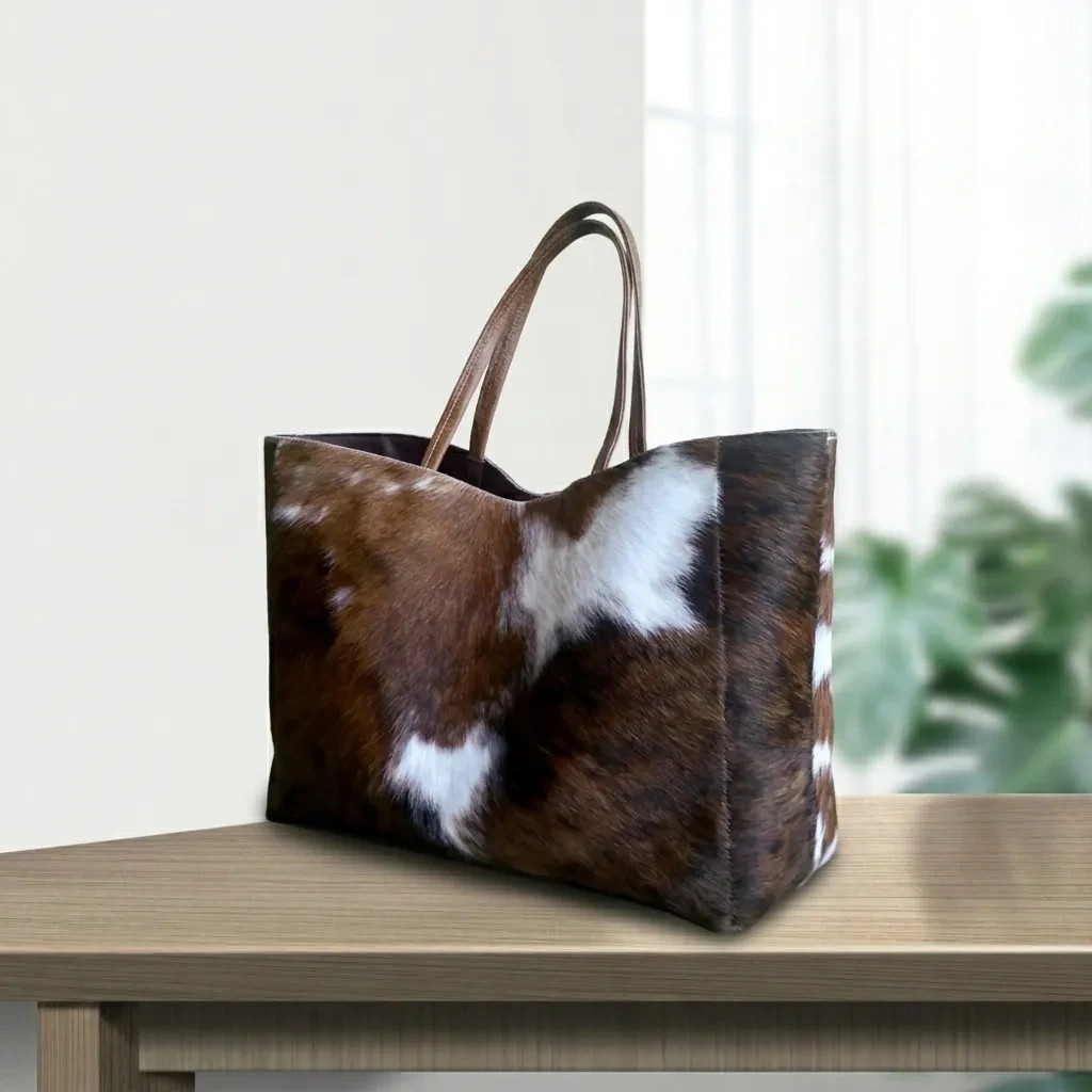 Cowhide Leather Tote Bag, Brown White Cow Print Purse, Shoulder Bag, Women