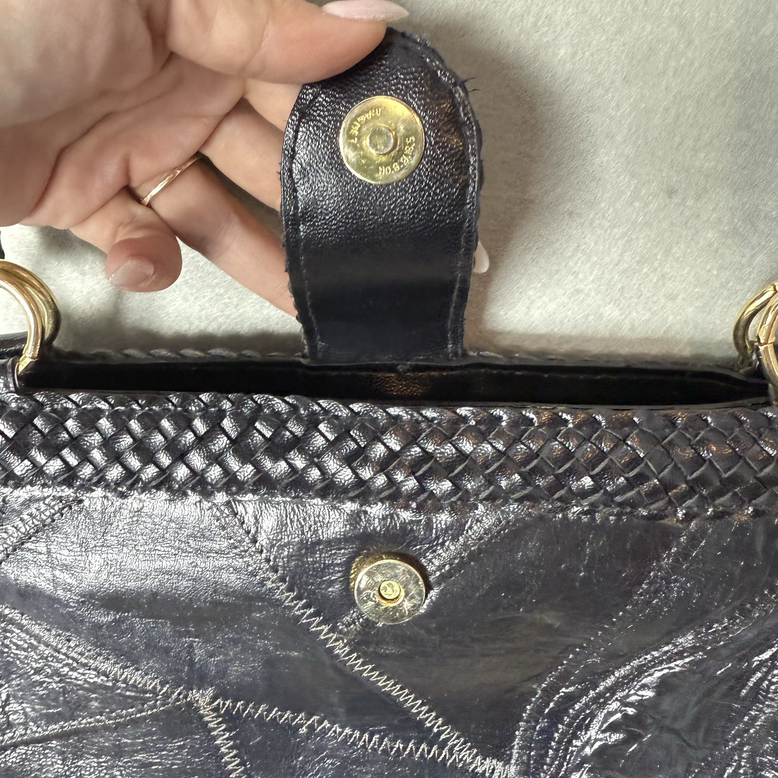 Vintage Warren Reed Black Faux Leather Woven Strap Snap Closure Shoulder Bag