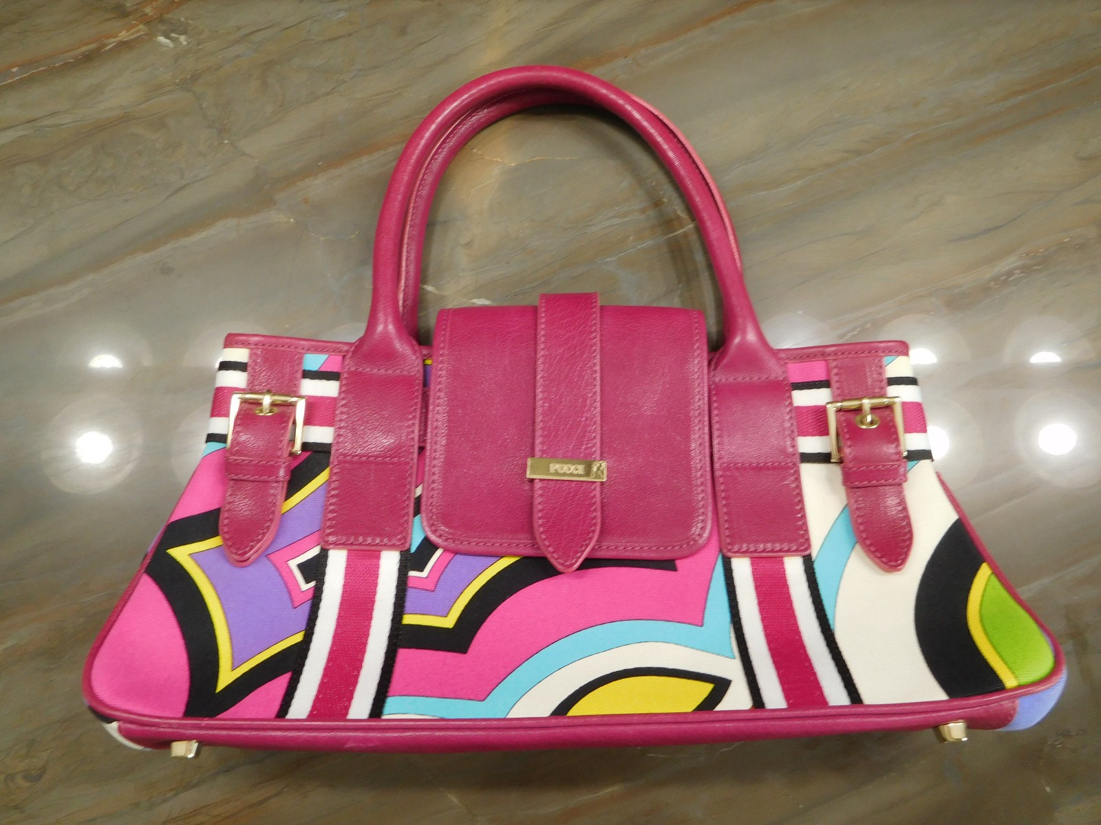 EMILIO PUCCI Womens Handbag Leather Canvas Magenta Pink Multicolor-15×7.5×4.5 in