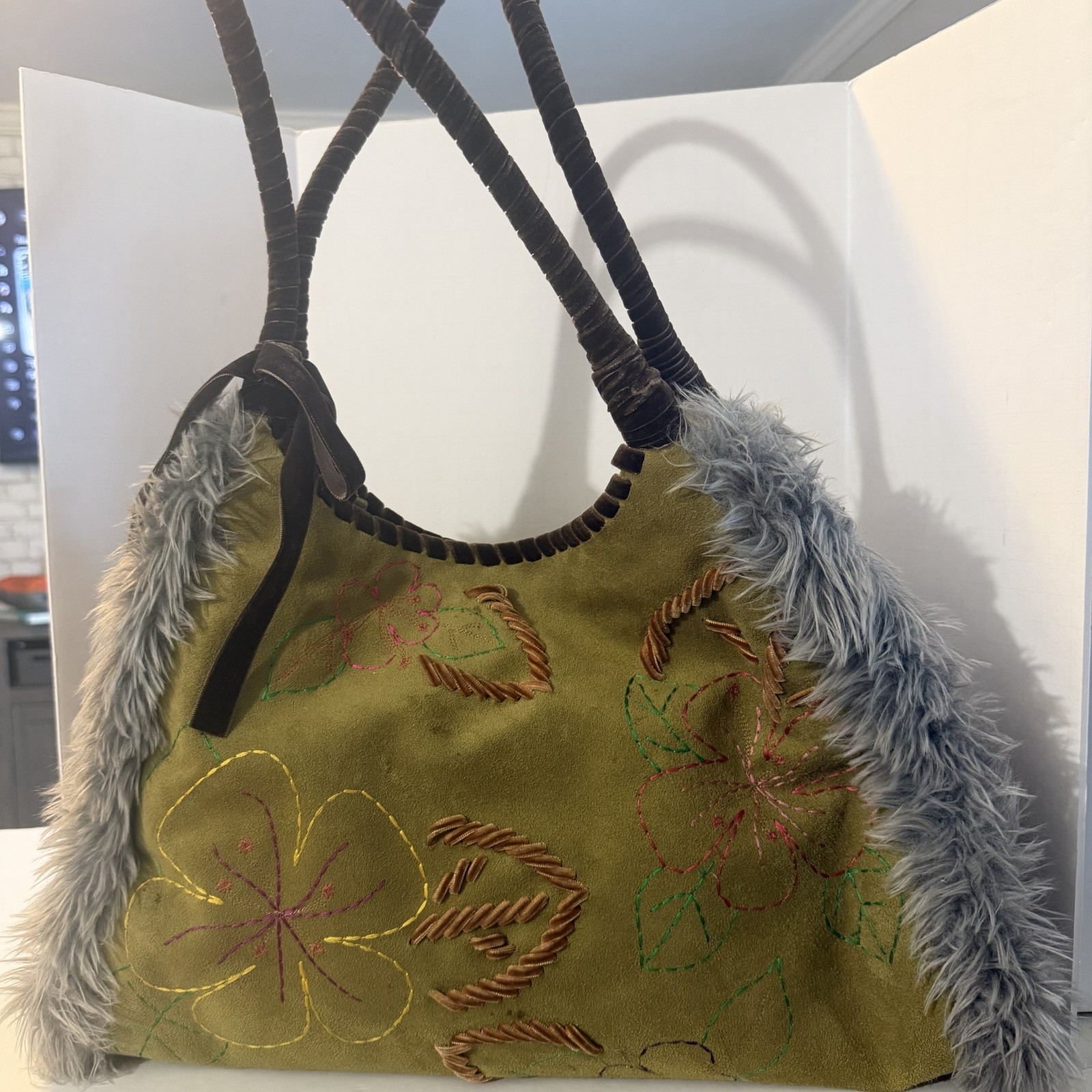 Antonio Melani Olive Green Suede Faux Fur Wrapped Handles Artsy Boho Bag