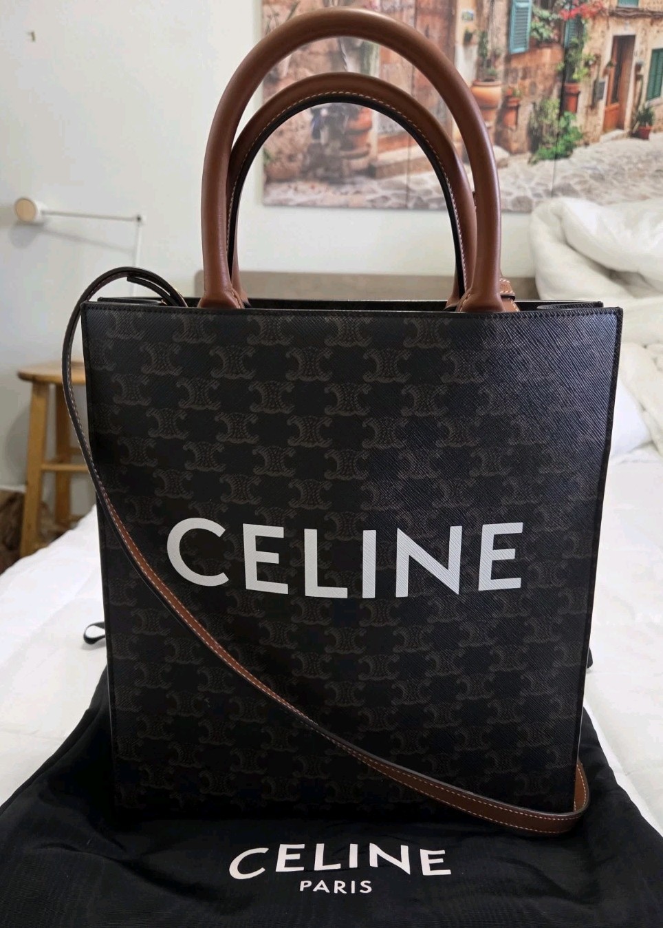 Celine Triomphe Tote – Canvas Calfskin Small Vertical Cabas Tan