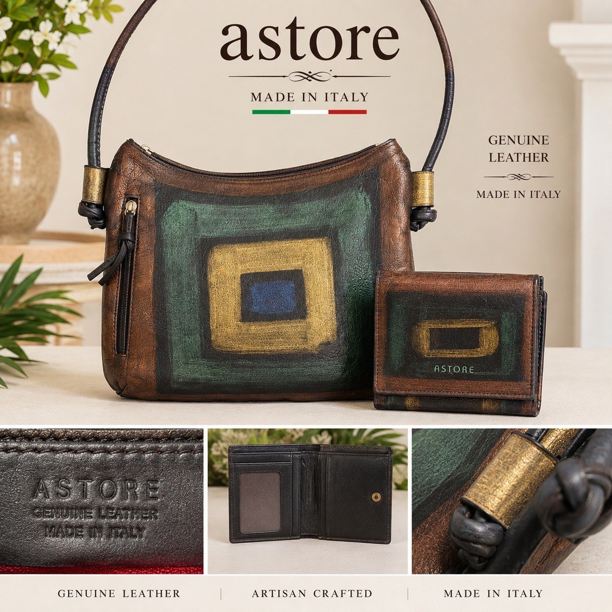 Astore Hand Painted Leather Crossbody Bag & Trifold Wallet Set Bronze Italy