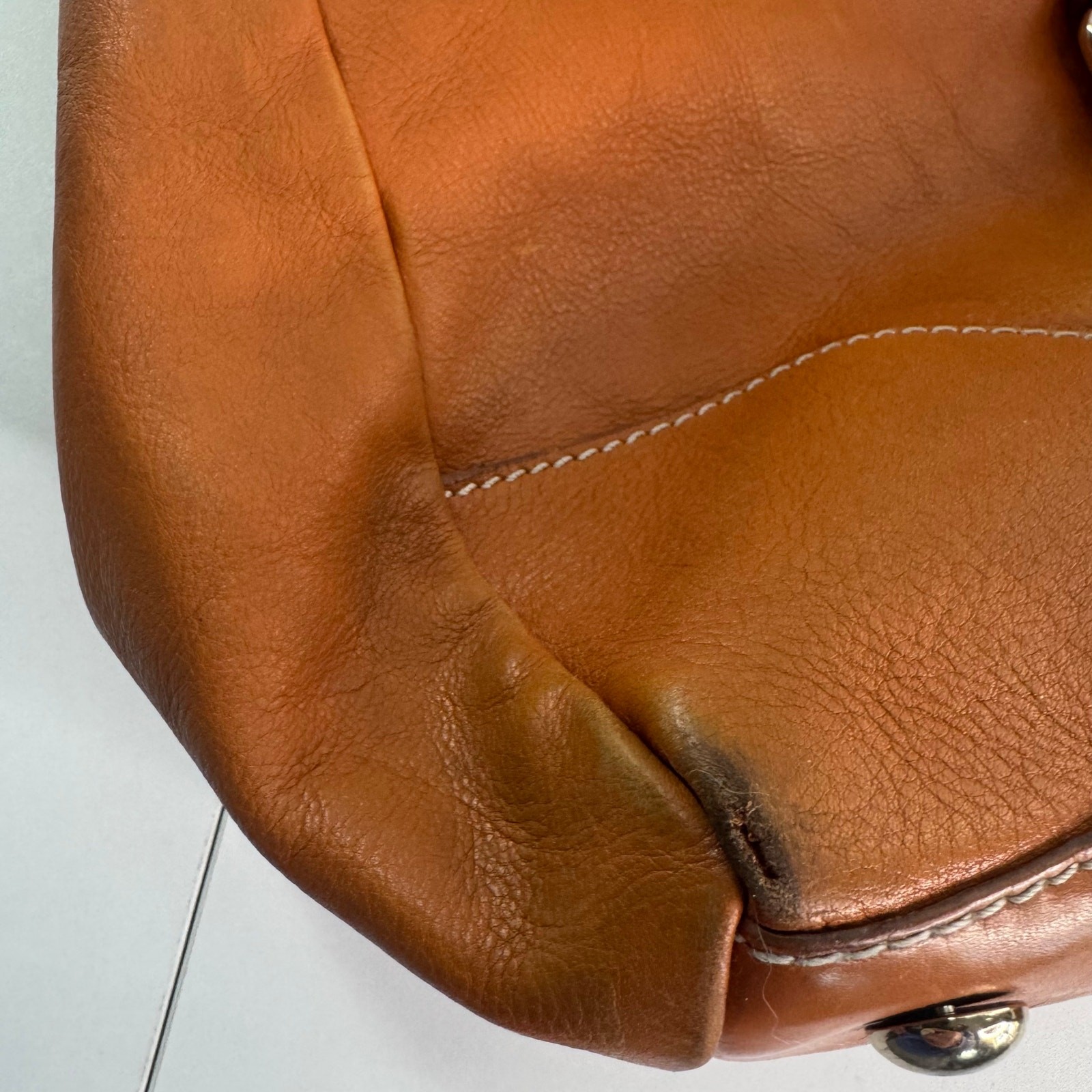 Foley & Corinna Jet Setter Large Top Handle Purse Camel Brown Leather Flaws