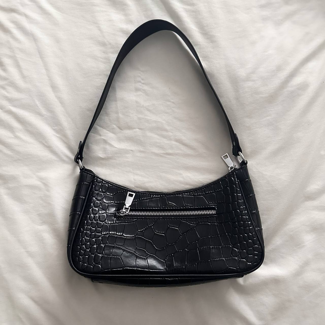 S-Zone Black Croc Embossed Genuine Cow Leather Shoulder Bag Baguette Purse Y2K